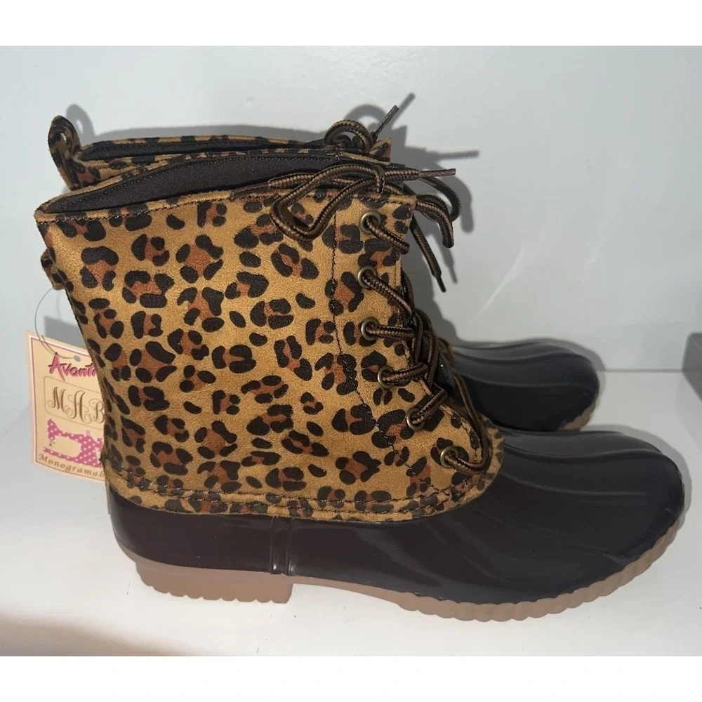 (b14/8) Avanti ZELDA-LEO Lace Up Rain Boots Mid Calf Duck Boots Leopard  Size8